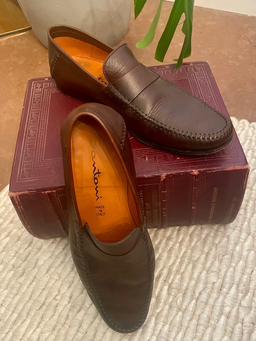 Santoni Paine Loafers 11.5 D Italy Brown Leather Slip-On Moc Toe Luxury‎ Shoes
